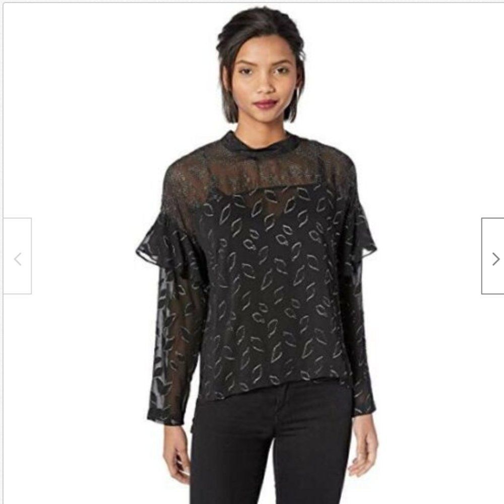 BCBGMAXAZRIA Blouse Womens XXS Black High-Low Sheer Chiffon Metallic Shirt